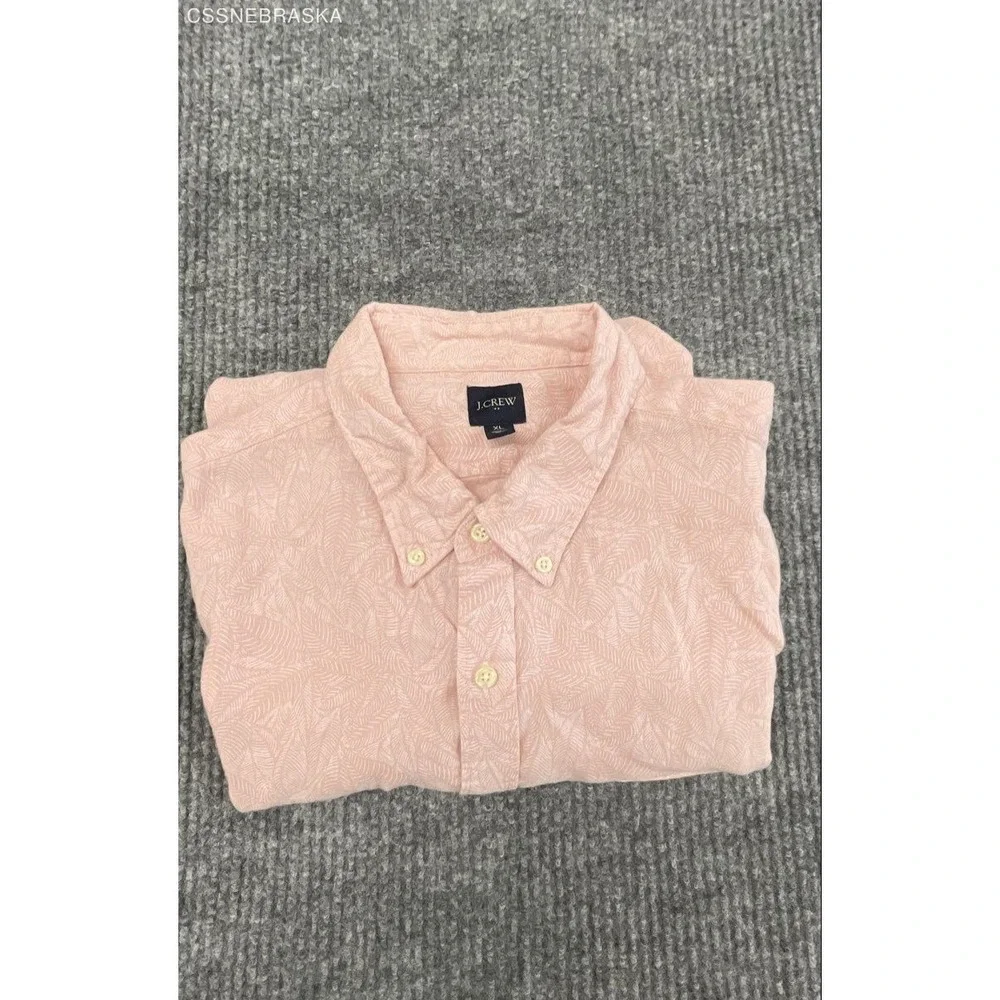 J.Crew Men's Pink Leaf Print Short Sleeve Linen Cotton Button Down Shirt Sz XL